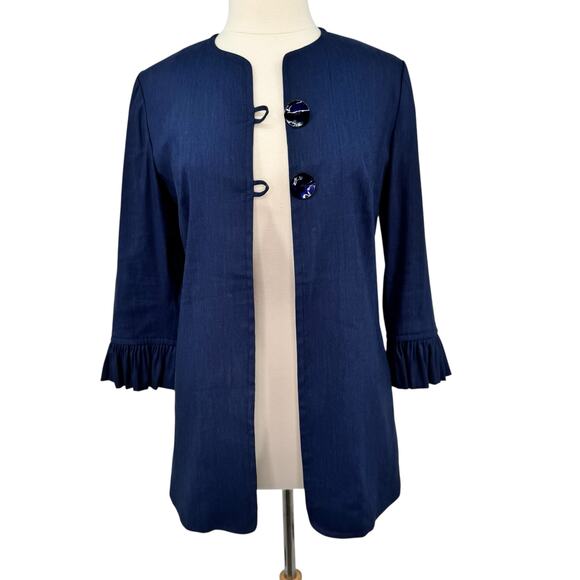 NWT Sara Campbell Carmen Linen Jacket Size 4 Navy Ruffle Cuff Coastal Preppy - Picture 12 of 16